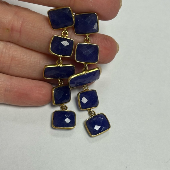 Yellow Sterling Silver Blue Agate CZ Stone Drop Earrings Sample - Picture 3 of 4